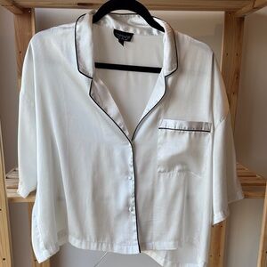 Topshop Ivory Satin Blouse with Black Trim